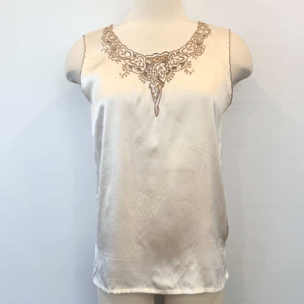 Vintage 100% Silk Ivory White Embroidery Tank Top Sleeveless Blouse